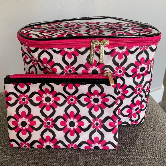 Tartan + Twine Handbags - Tartan-Twine cosmetic bag set with a pink, black, and white floral pattern.